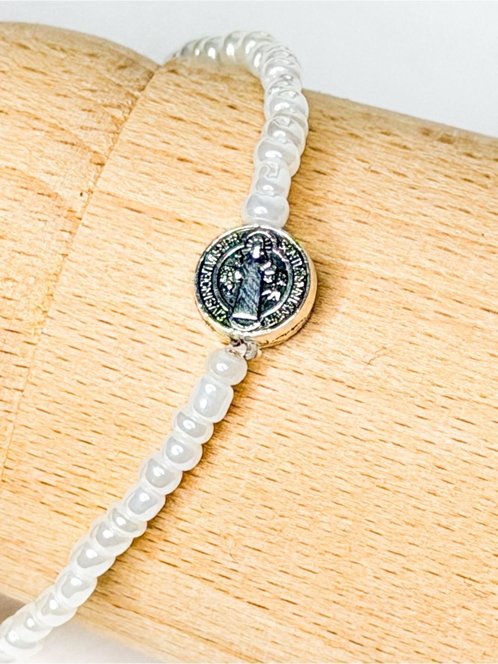 Lemons & Lune White Glass Bead San Benito Medal Bracelet Handmade Elastic